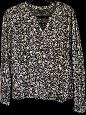 Lucky Long Sleeve Floral Henley Top - Black with Pink & Cream Flowers